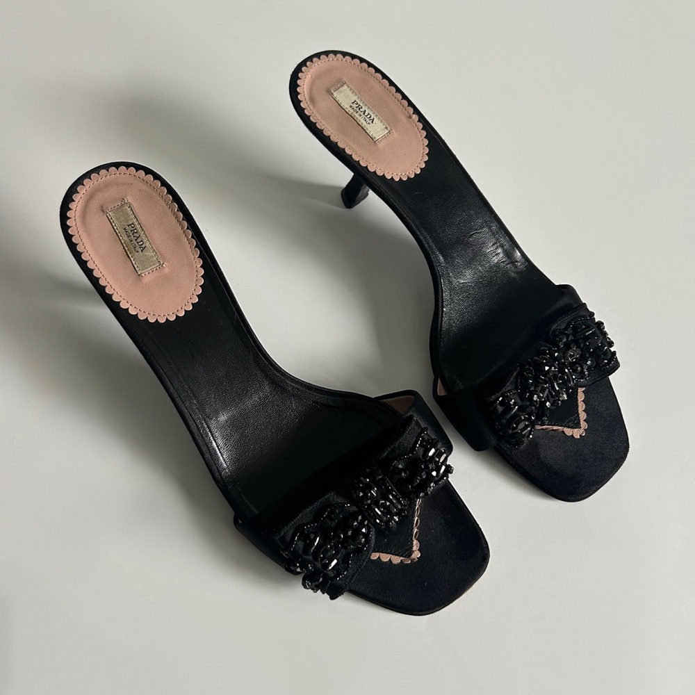 Vintage Prada Black Beaded Bow Slide Mule Kitten Heels Size EU 39.5 - Picture 9 of 13